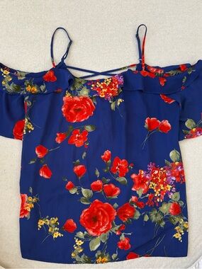Skies Are Blue Navy Floral Off-Shoulder Cami with Red Blooms
